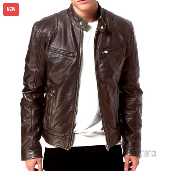 Vintage Lambskin Leather Biker Jacket Motorcycle Style Men's Outerwear